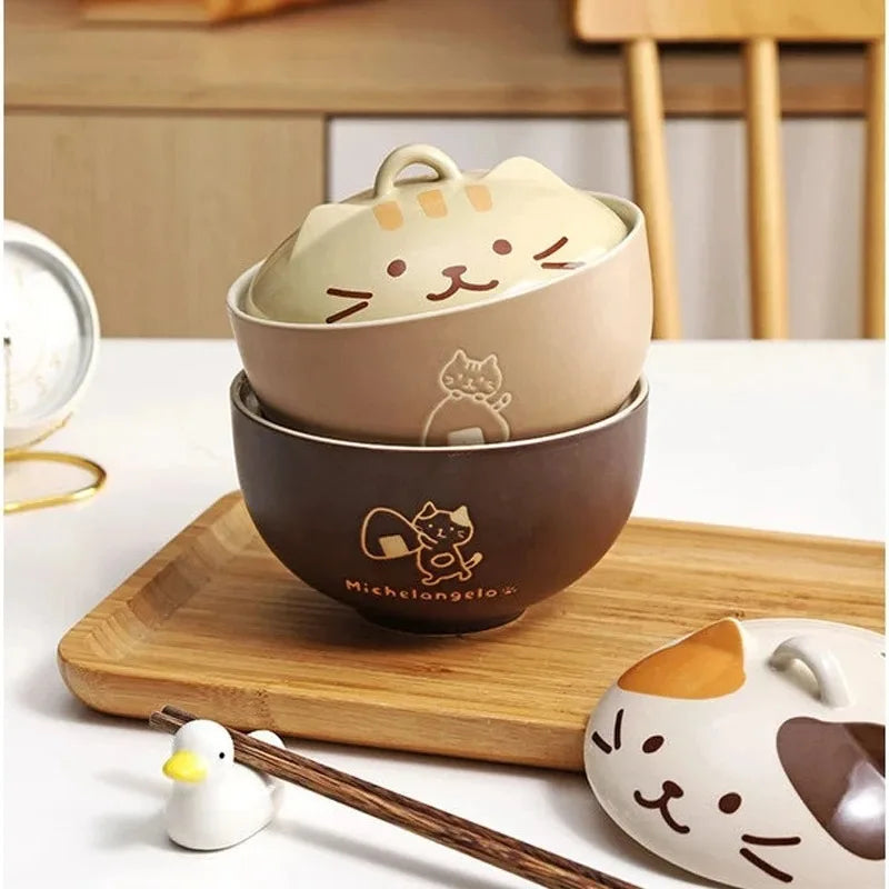 1pcs Japanese Tableware Cute Cat Ceramic Bowl Large Capacity Household Soup Bowl Student Instant Noodle Bowl with Lid Oasis Select