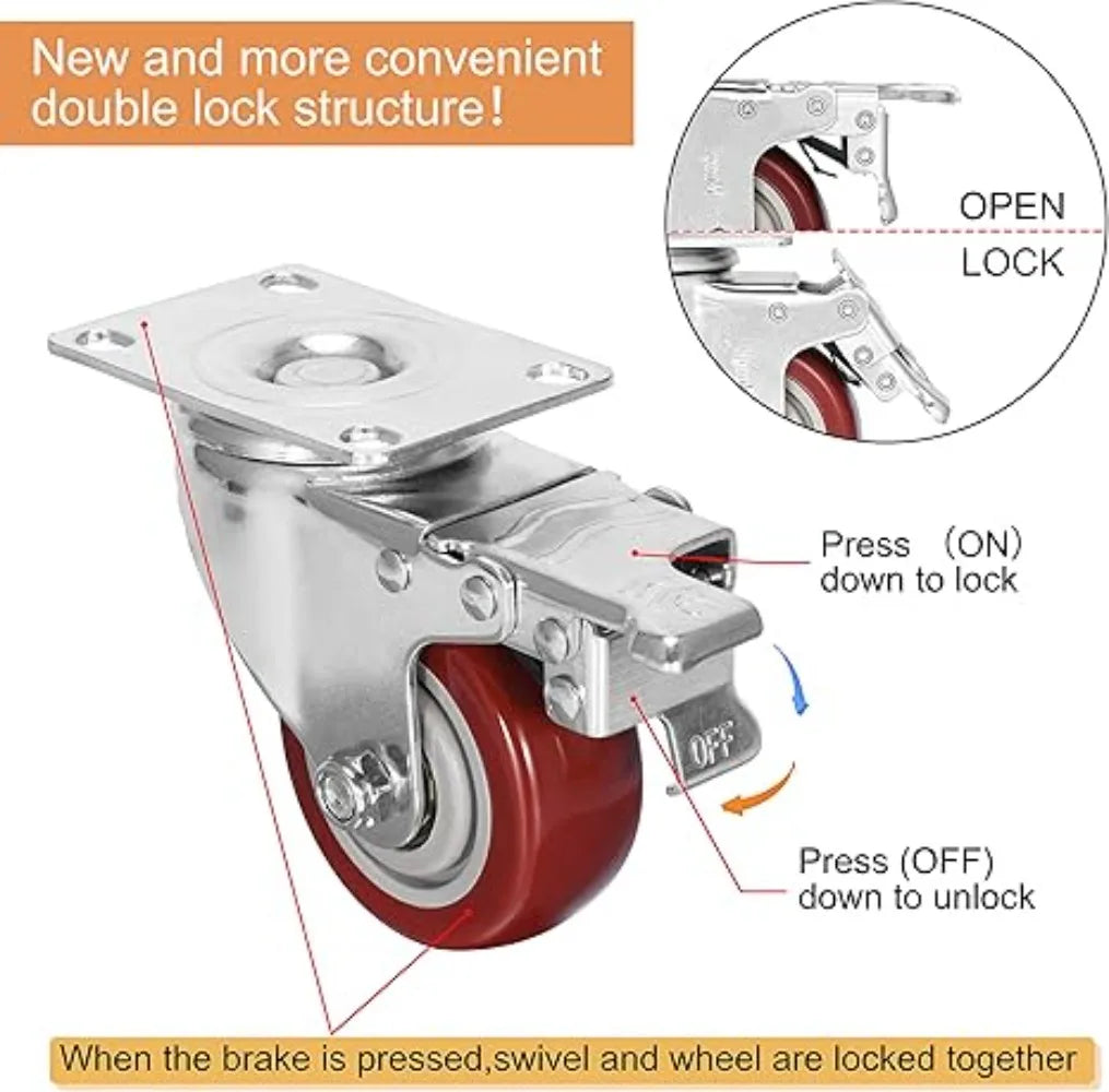 4Pcs 4 inch Caster Wheel Heavy Universal 360° Swivel Silent Brake Wheels Caster Furniture Wear Platform Trolley Household Oasis Select