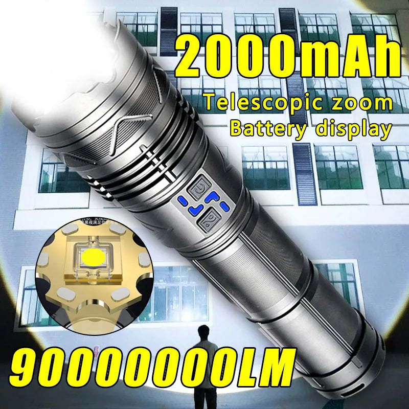 Powerful LED Flashlight Super Bright Spotlight Long Range Zoomable Emergency Lantern Outdoor Camping Torch Power Display Oasis Select