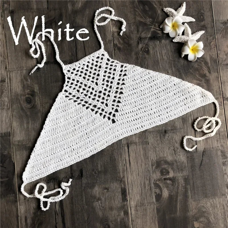 Hand Crochet Bikini Womens Sexy Beach Handmade Crochet Wrap Neck Bikini Bra Swimwear Swimwear Beachwear Womens Tops Oasis Select White One Size