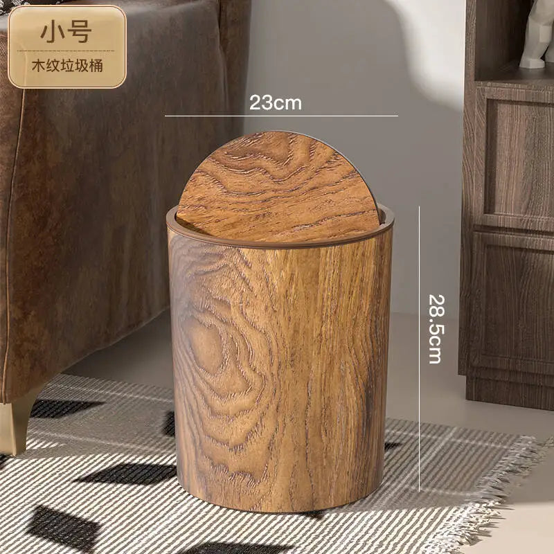 Retro imitation wood grain trash can household new large capacity living room kitchen office creative Chinese paper basket Oasis Select Small size with lid