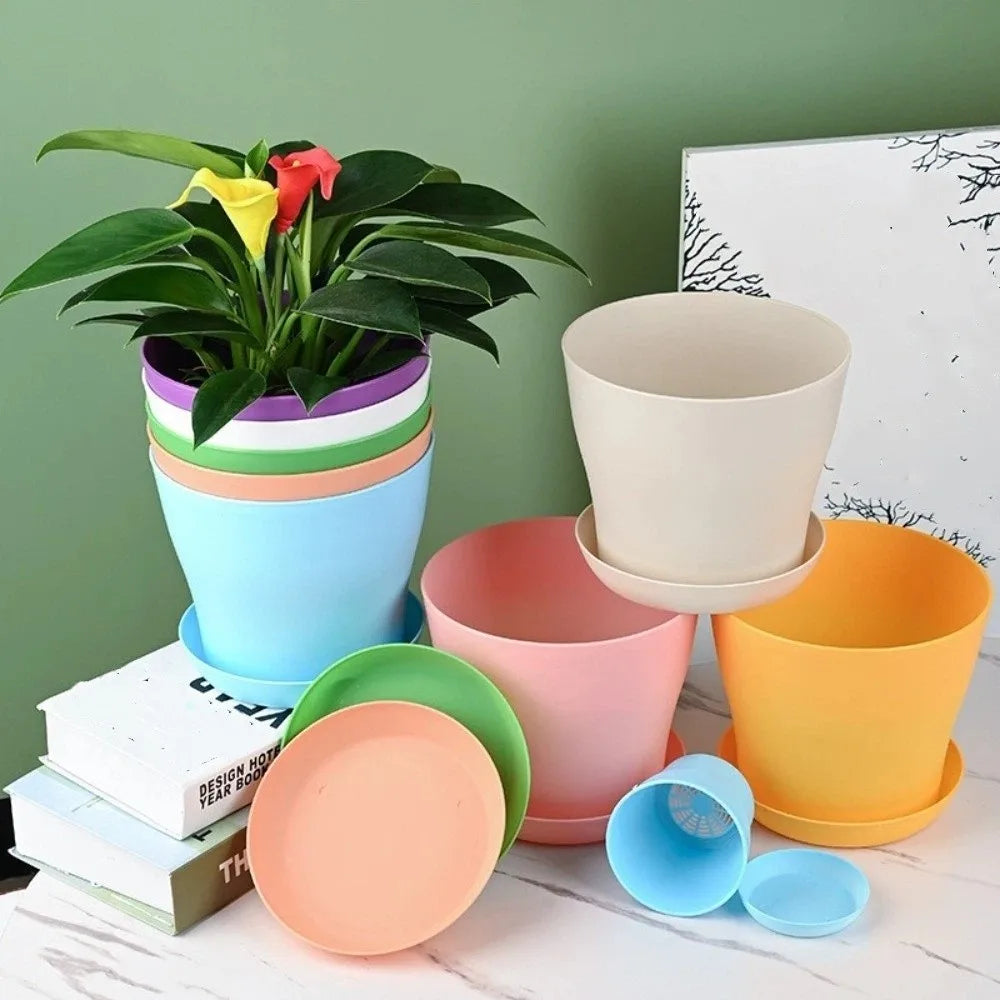 8pcs/set Candy Color Flower Pot Plastic Round Plant Pot with Tray with Drainage Holes Succulent Plant Pots Balconies Planting Oasis Select
