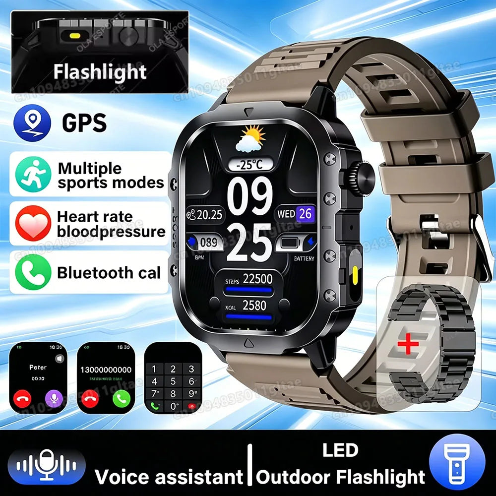 Military-Grade Smartwatch – Bluetooth Call, Flashlight & 100+ Sports