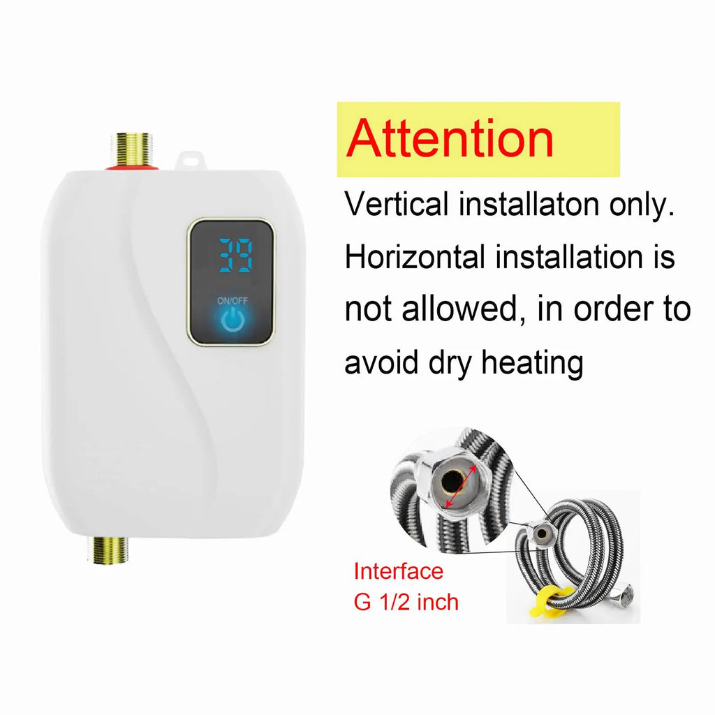 Instant Water Heater 220V 3500W Mini Electric Tankless Hot Water Heater Bathroom Kitchen Washing with LCD Display for Shower Oasis Select