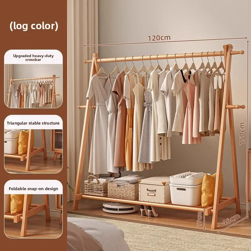 Solid wood coat rack household hanger floor-to-ceiling bedroom balcony drying clothes storage rack hanging bag rack Oasis Select Log color-120cm