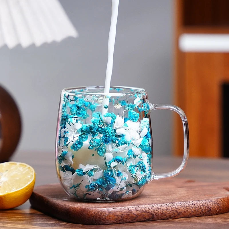 250ml Double-Walled Glass Cup with Handle High Borosilicate Reusable Coffee Mug, Built-In Floral Design for Hot & Cold Beverages Oasis Select