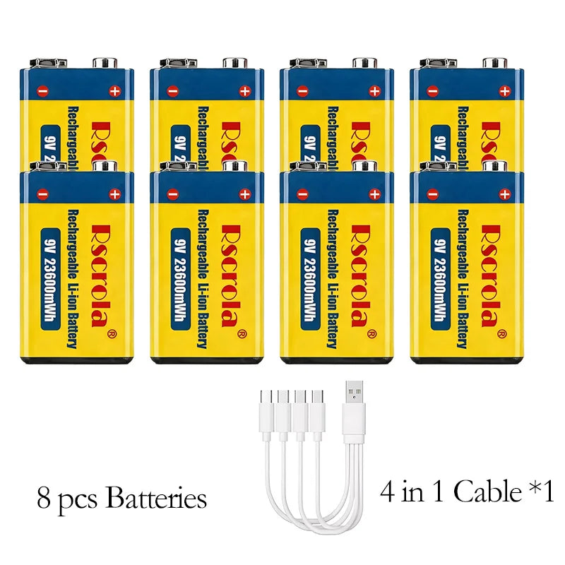 Premium 9V 23600mWh Rechargeable Li-ion Cell 6F22 PP3 USB Fast Charging Stable Power Battery for Guitar Mic Smoke Detector Pedal Oasis Select 8 PCS Batteries