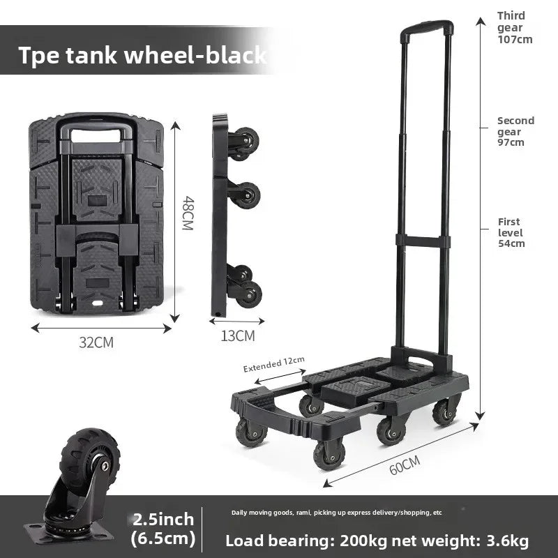 Multi-functional Hand-pulled truck, flatbed truck, portable trailer, trolley, moving truck, six wheels Durable Oasis Select BY01-B black