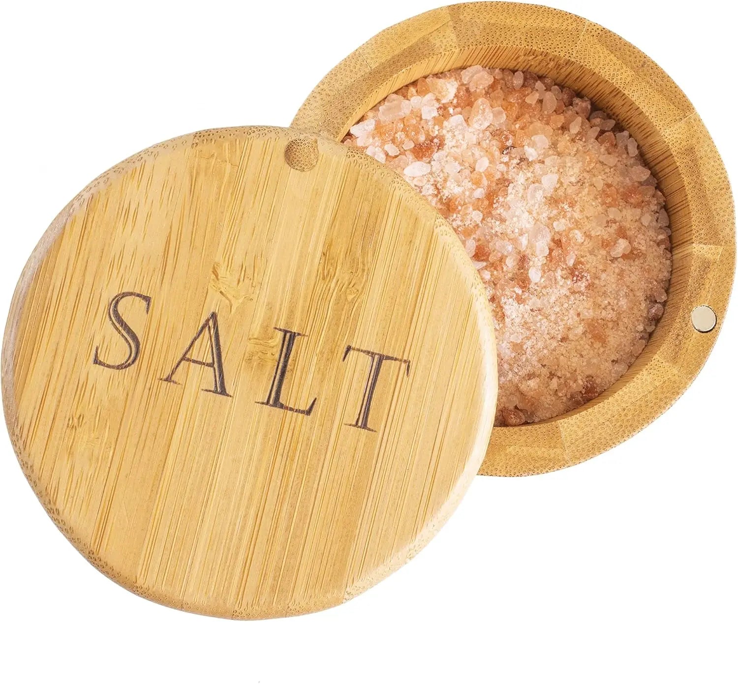 1pc Bamboo storage box with magnetic twist-off lid, salt engraving on the lid. Oasis Select
