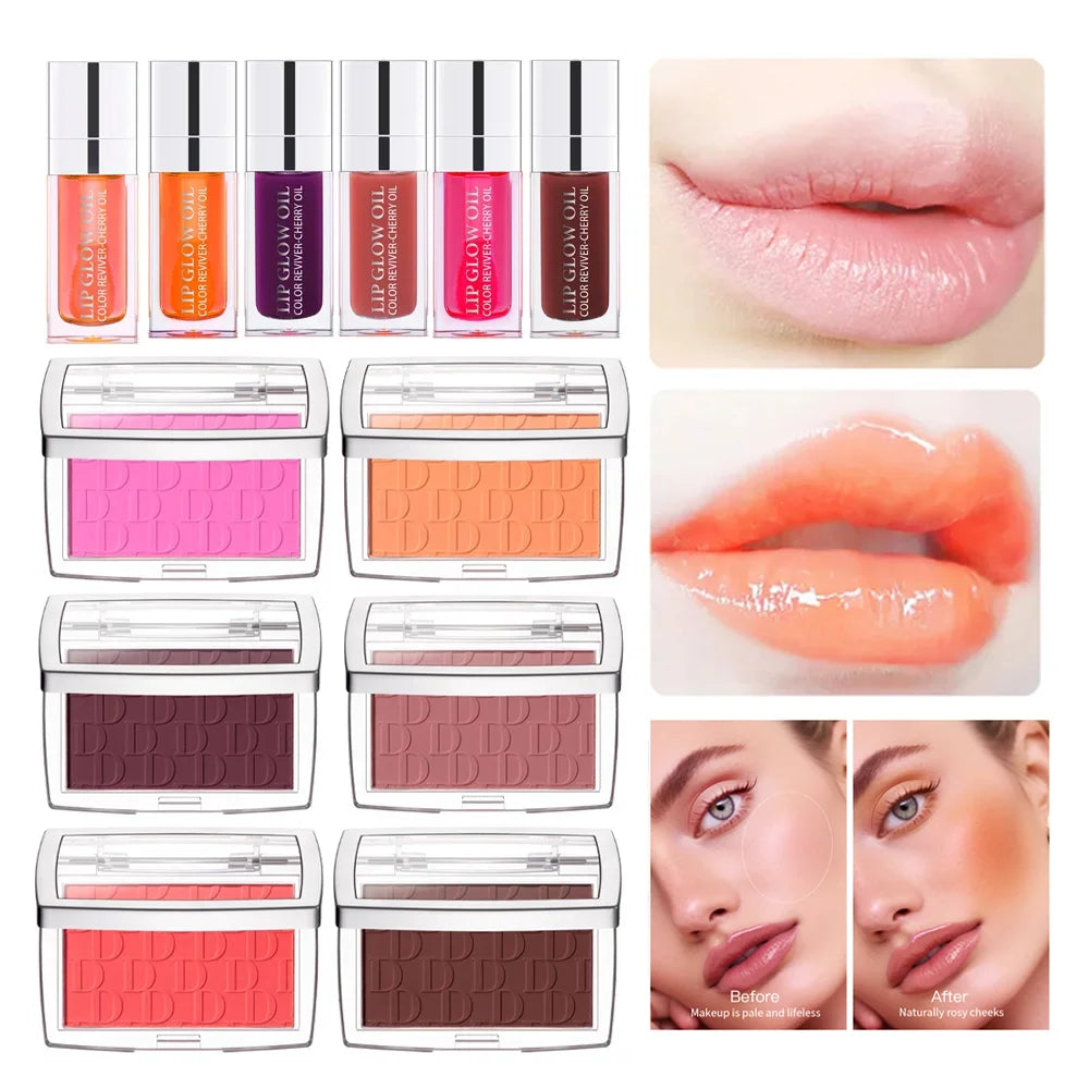 Lip Glow Oil & Matte Blush Set – Plumping Hydrating Duo Lip & Blush Set Oasis Select