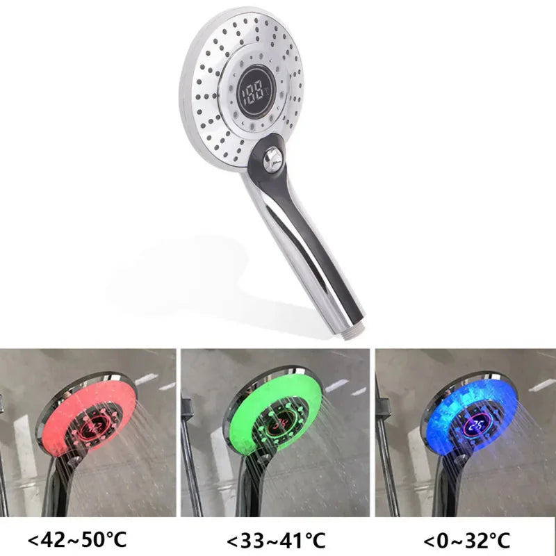 LED Shower Head Digital 3 Modes Adjust Temperature Sensor Hand Held Bathroom ABS Shower Head High Pressure Water Saving Faucet Oasis Select