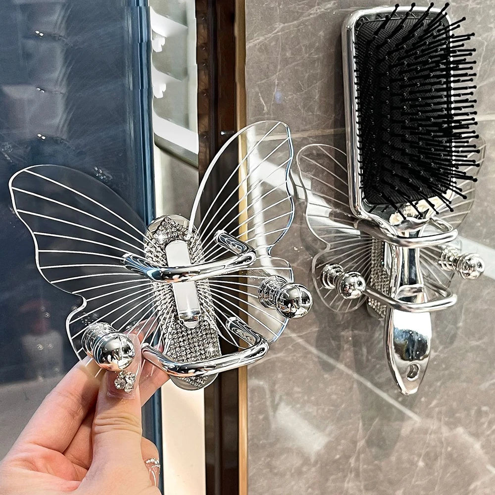 Light Luxury Butterfly Comb Storage Shelf Wall Hanging Perforated Free Bathroom Headstring, Hair Band, Hair Ring Storage Hook Oasis Select