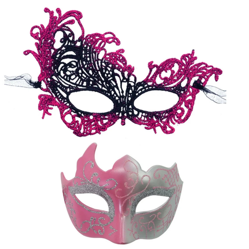 2PCS/set Couple Masks Lace Women Mask Men Painted Half Face Mask Eye Mask Set Party Masquerade Wedding Decoration Costume Prom Oasis Select Pink 2