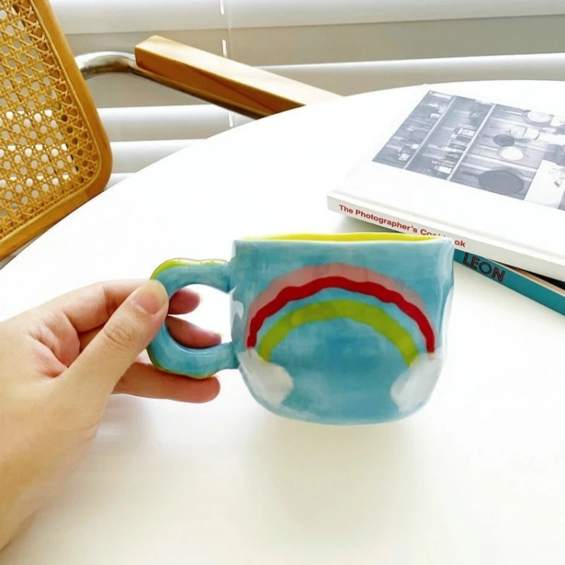 Ceramic Mug Espresso Coffee Cup Hand Drawing Underglaze Color Small Flower Rainbow Grid Ceramic Mug Breakfast Milk Tea Cups Oasis Select Rainbow 301-400ml