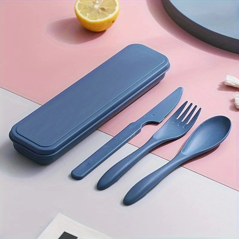 3In1 Portable Cutlery Set Reusable Home Travel Utensil Set Fork Spoon Knife with Box Dinnerware Set Picnic Camping Tableware Oasis Select DEEP BLUE