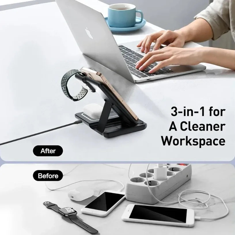 Foldable 3 In 1 Night LED Light Wireless Charger Quick Charging Dock For iPhone 16-12 Pro Samsung Apple Watch 2-8 SE Airpods Pro Oasis Select