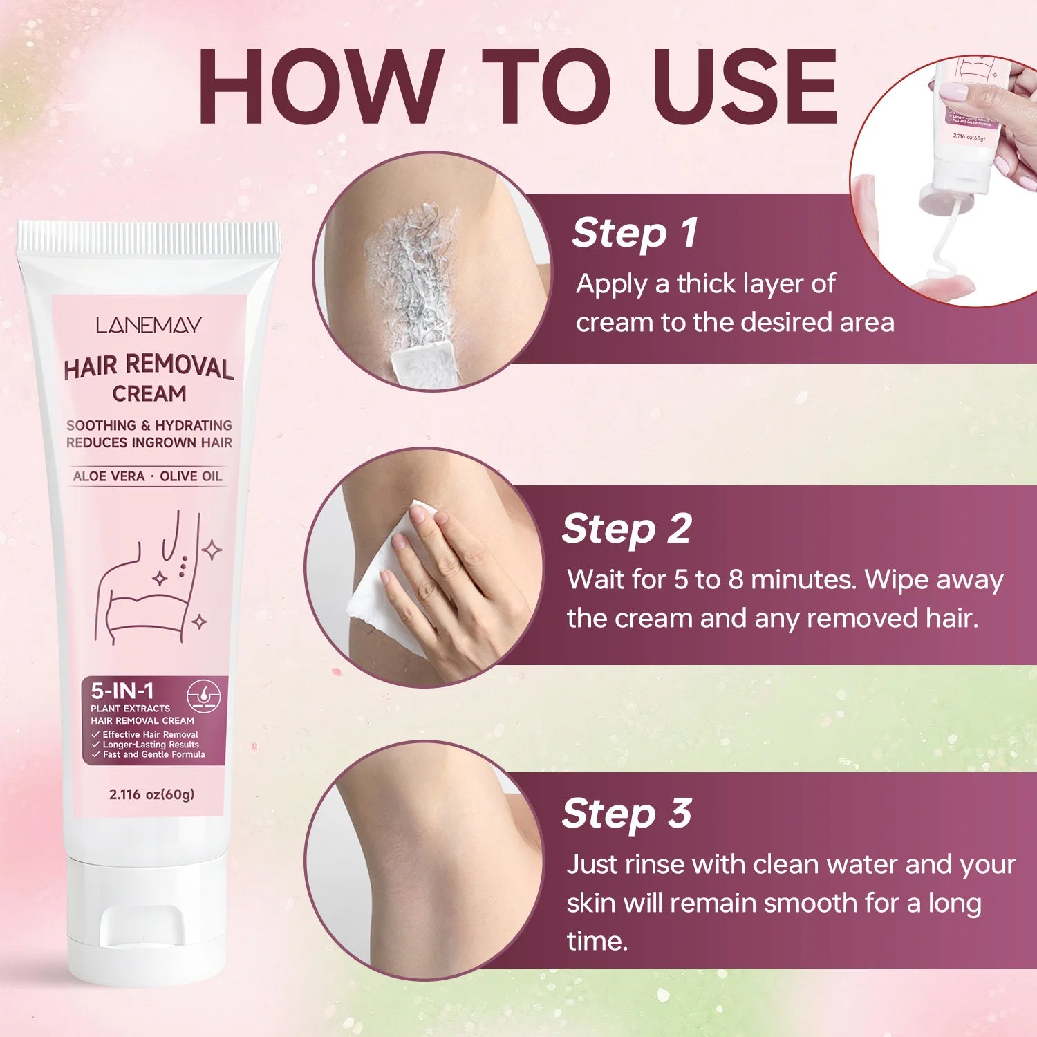 5-in-1 Hair Removal Cream – Aloe Vera & Olive Oil | 60g