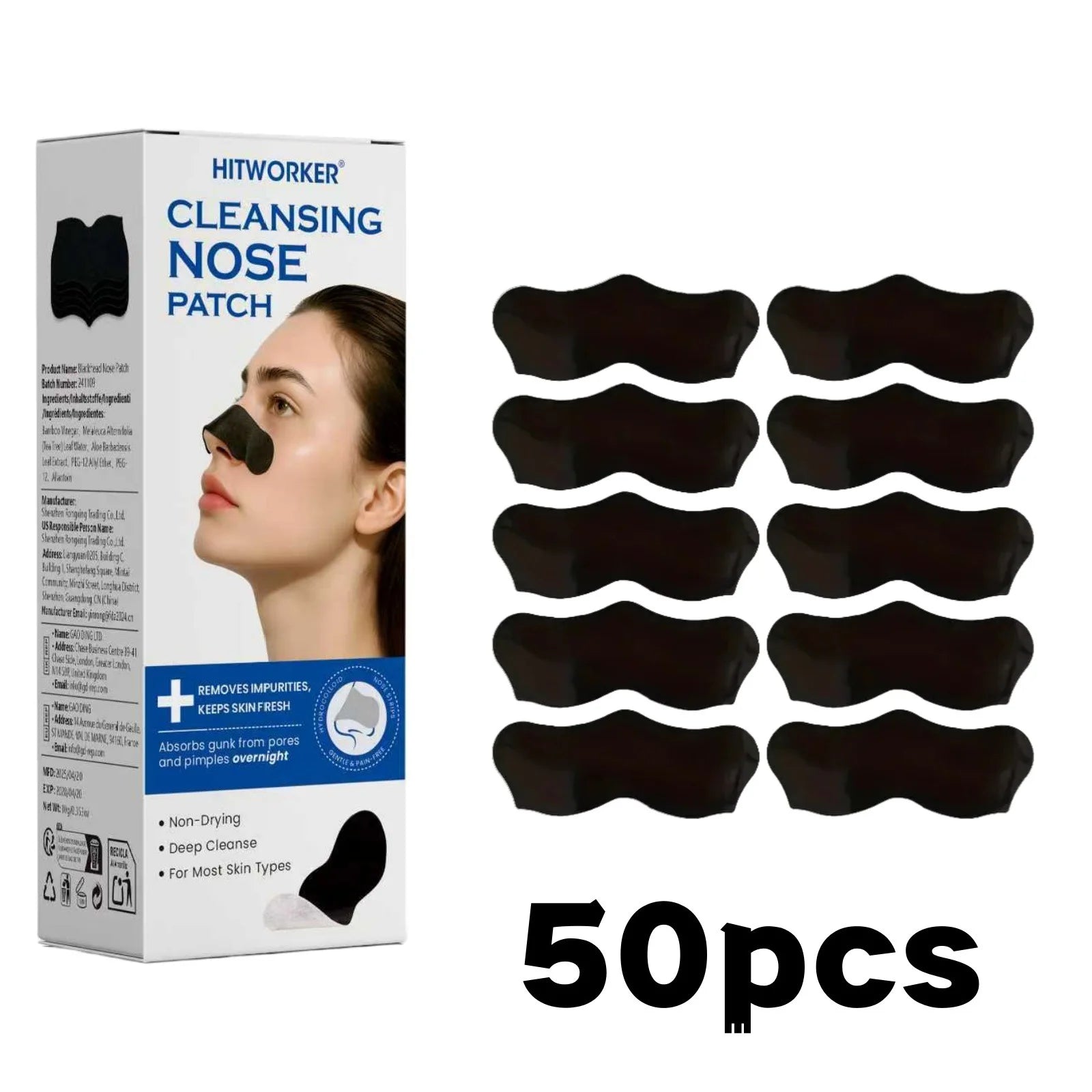 HITWORKER Blackhead Remover Nose Patch Charcoal Pore Strips Deep Cleansing Nose Strips Oil Control Pore Cleaner Skin Care Oasis Select 50pcs