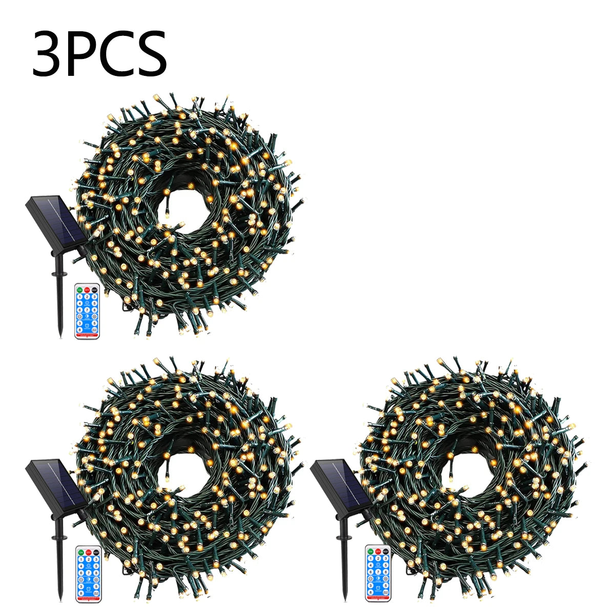 Outdoor Solar Lawn Street Light String 1/2/3/4Pcs Holiday Christmas Tree Stair Handail Decor Light Panel+Remote Control Dimmable Oasis Select 3PCS Warm White 20M 200LEDs