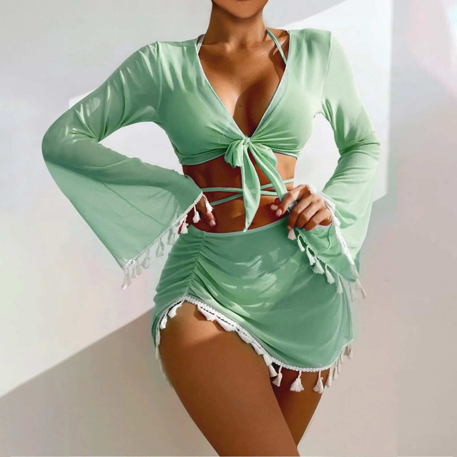 Solid Color Sexy Fashion Slim Fitting Beach Swimwear For Lady Split Lightweight Strap High Waist Pleated Cover-up Four-Piece Set Oasis Select Green M