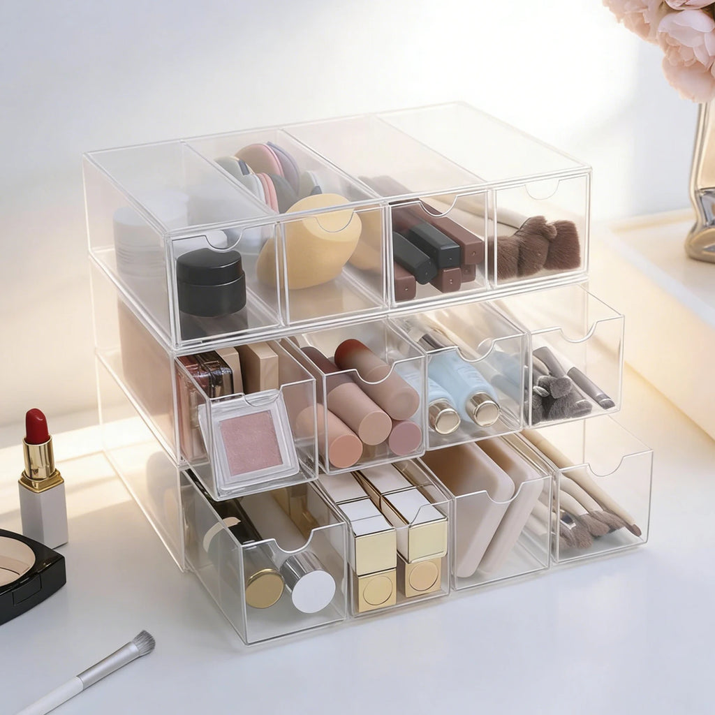 1pc one layer four grid transparent/white acrylic cosmetics storage box, stackable drawer style dressing table display box Oasis Select