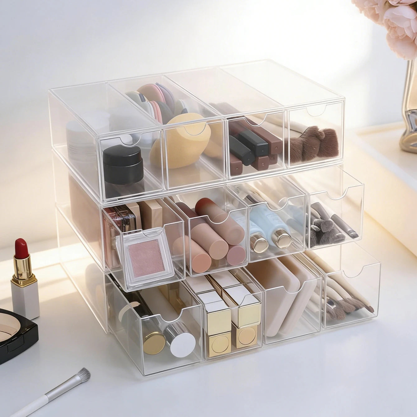 1pc one layer four grid transparent/white acrylic cosmetics storage box, stackable drawer style dressing table display box Oasis Select