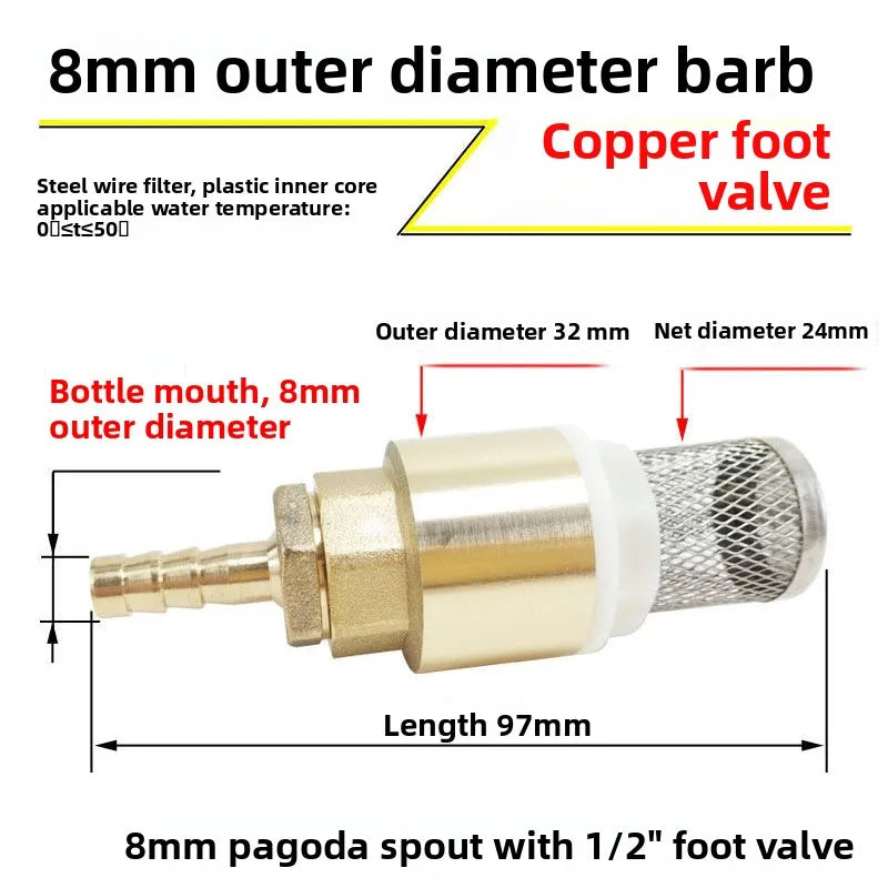 Copper Tower Bottom Valve with Filter Screen Check Valve, Self-priming Pump Inlet Anti Backflow Spring Insertion Pipe Filter Oasis Select Outer diameter 8mm 6-point bottom valve