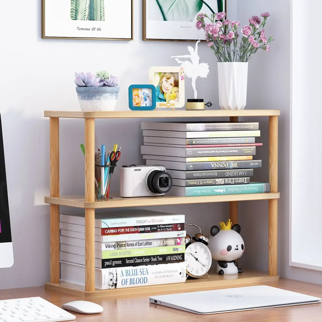 Minimalist Wooden Desktop Bookshelf | Multi-Layer Desk Organizer