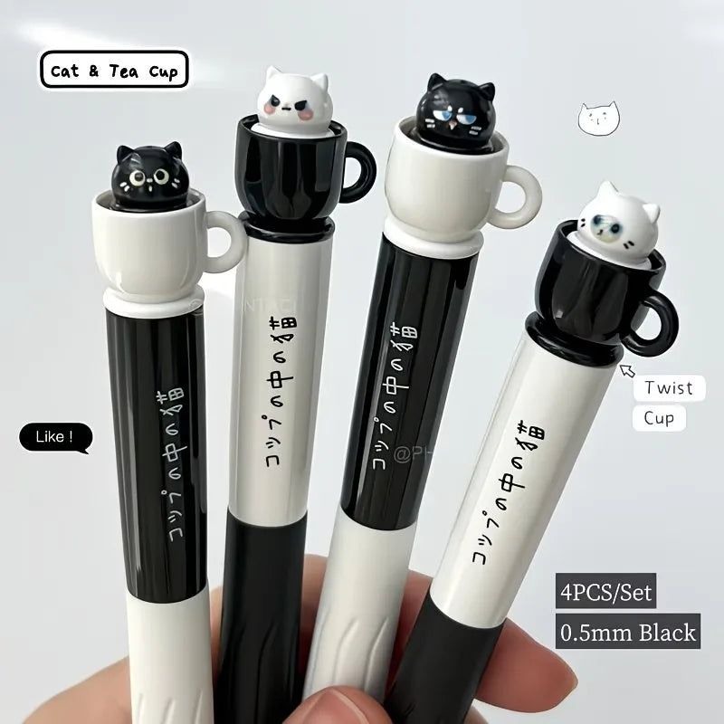 1/4pcs Cute cat-themed ballpoint pen - 0.5mm quick-drying black ink, twist-up design, ideal for office and school supplies. Oasis Select