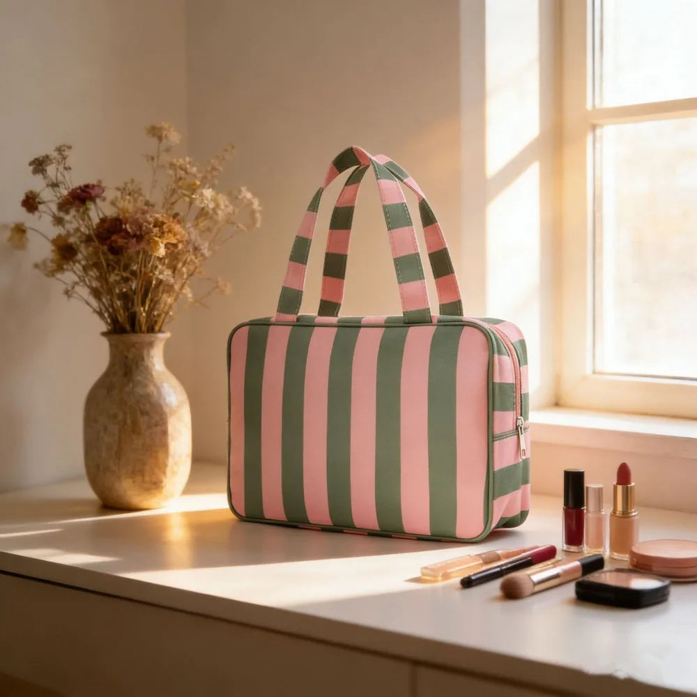 Collapsible Hanging Travel Cosmetic Pouch Striped Multi Compartment Design Wet Dry Separated Storage Bag Lightweight Organizer Oasis Select