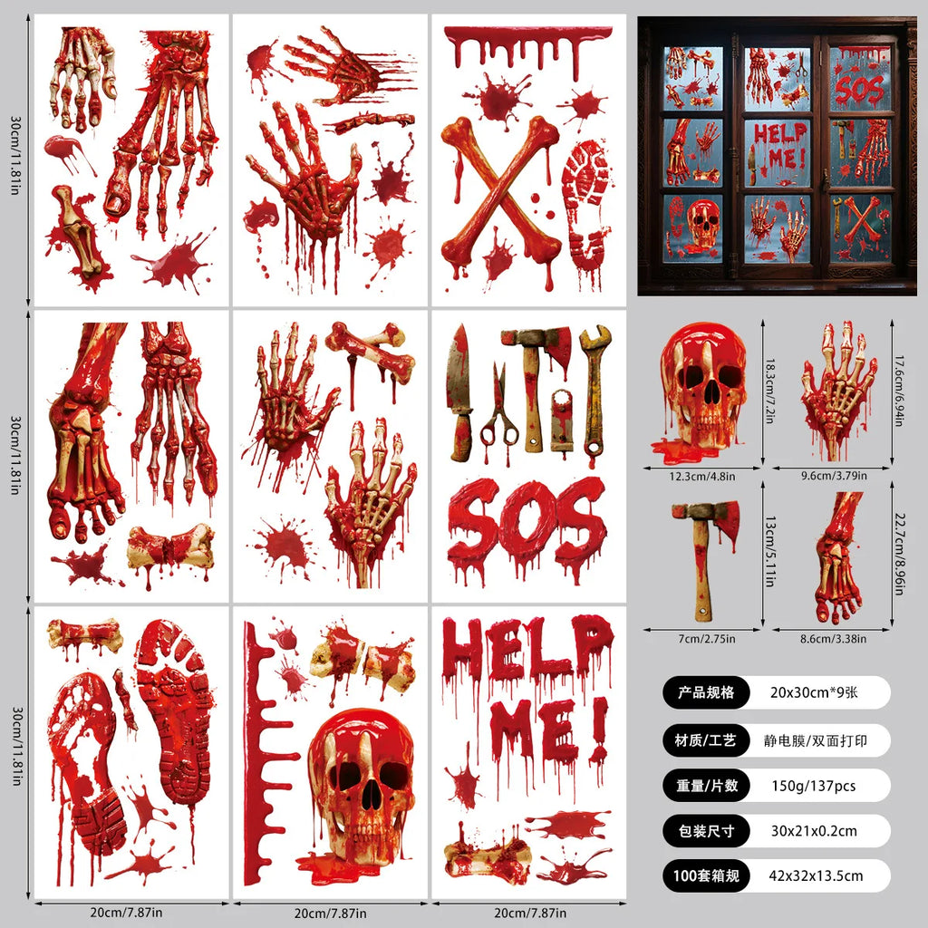 New Halloween 3D Three-dimensional Blood Handprint Sticker Bone Horror Sticker Holiday Party Decoration Window Sticker Oasis Select W02 (9 sheets 1 set) 20x30x9