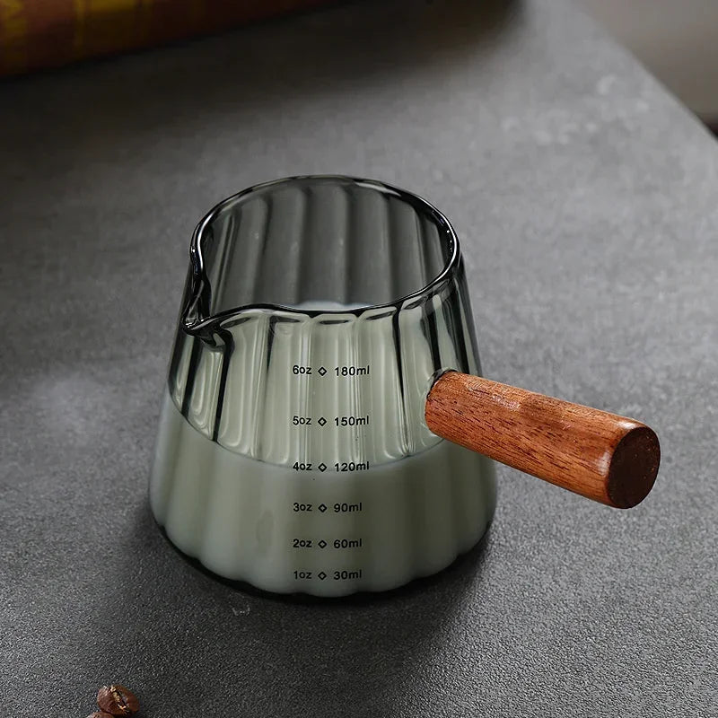 180ML Espresso Cup with Wood Handle Coffee Measuring Glass Milk Frothing Jug Latte Creative Stripe Art Mug Coffee Accessories Oasis Select Black 180ml