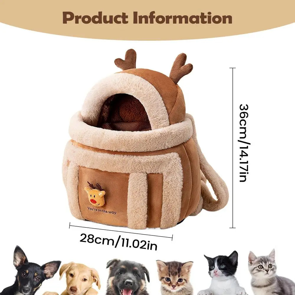 Cat Dog Bag Carrier Pet Plush Elk Shape Backpack Winter Puppy Outgoing Backpack for Small Dog Cats Outdoor Camping Indoor Winter Oasis Select Khaki