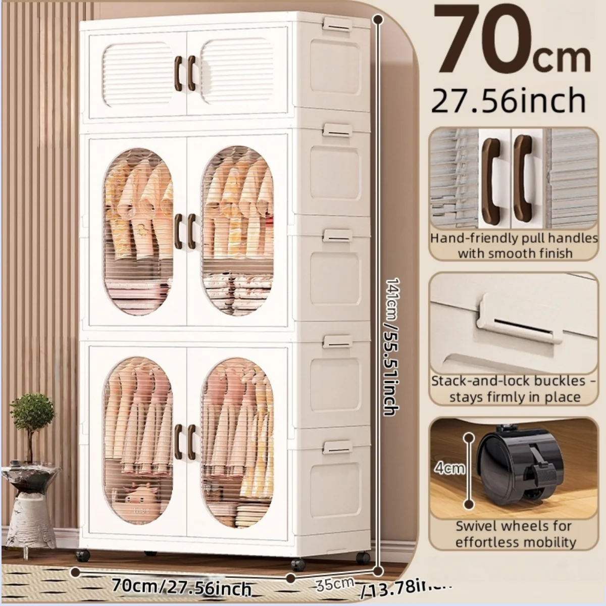 70cm Double-Door Foldable Wardrobe with Wheels - Large Capacity Magnetic Closure Storage for Clothes/Quilts, Bedroom/Living Room Oasis Select 2 cabinets 1 drawer