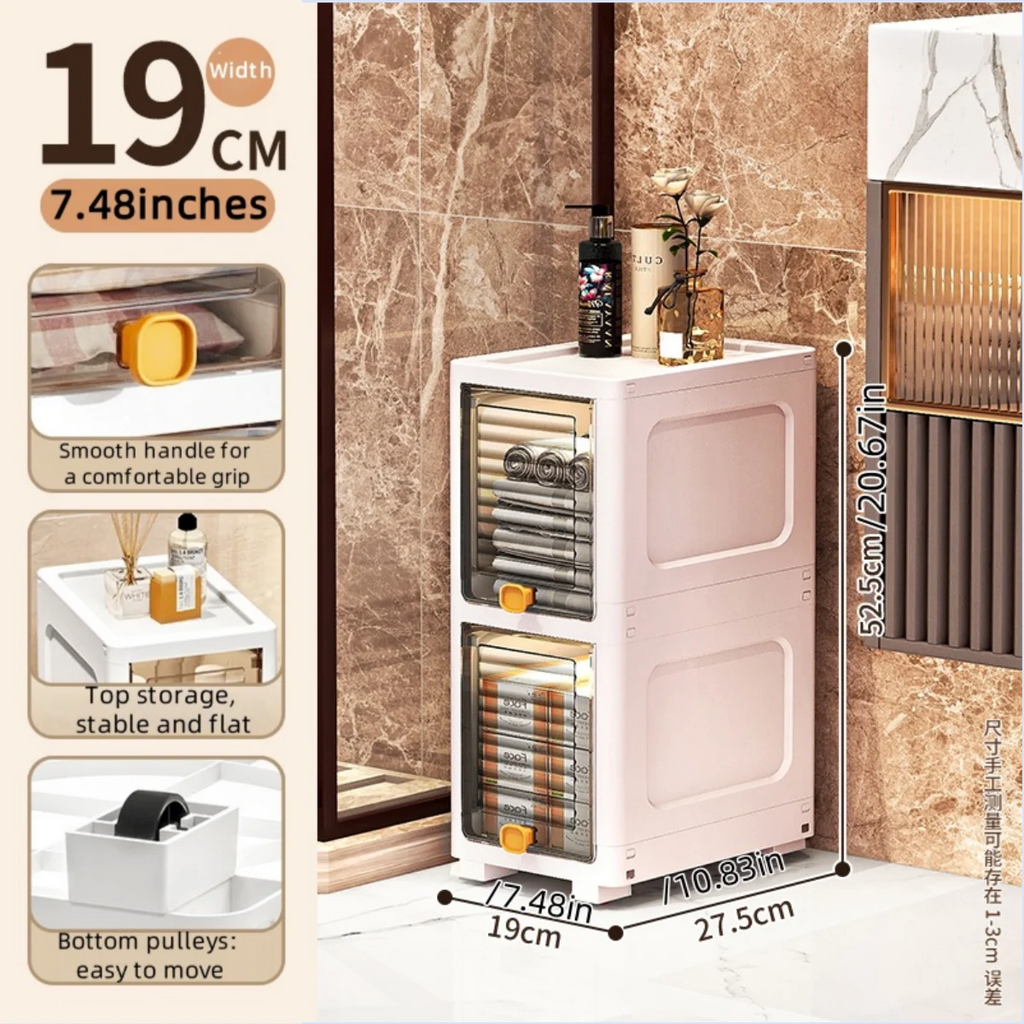 19cm Slim Storage Cabinet Flip-Top Organizer with Multi-Layer Shelves Large Capacity for Kitchen Living Room Bathroom Oasis Select 2 Tiers Clear Gray