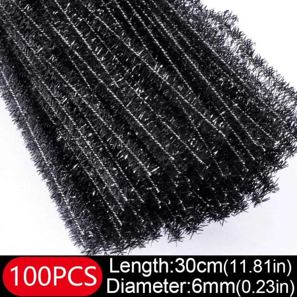 100pcs New 30cm Glitter Chenille Stems Wool Top Christmas DIY Craft Supplies Torsion Bar Tinsel Stems Oasis Select Black
