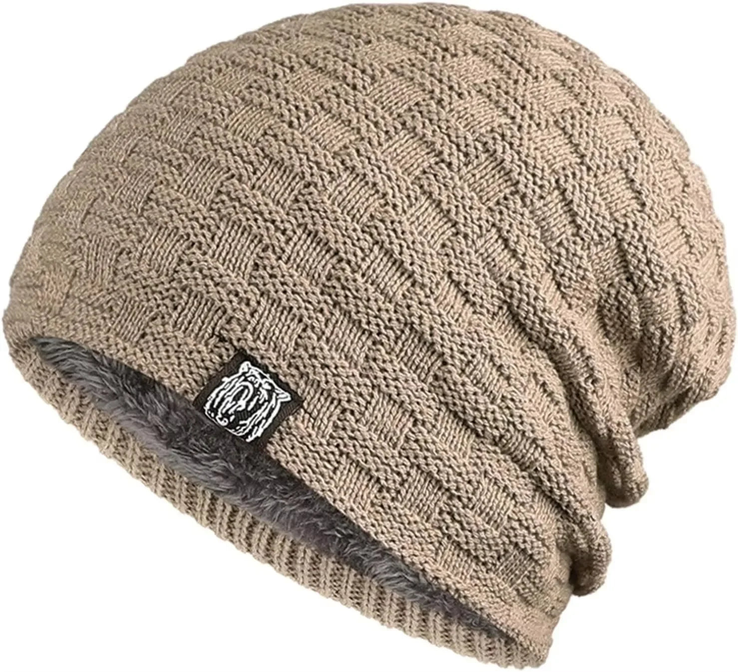Mens Plush Lining Beanie Winter Hat Outdoor Sports Keep Warm Knitted Skully Hat Cycling Camping Cap Cold Weather Gear Oasis Select khaki