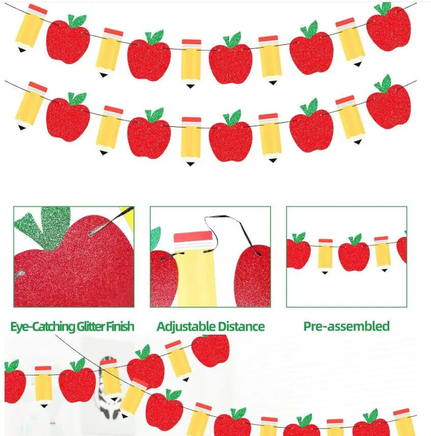 Glitter Apple & Pencil Banner | Back to School Garland Decor