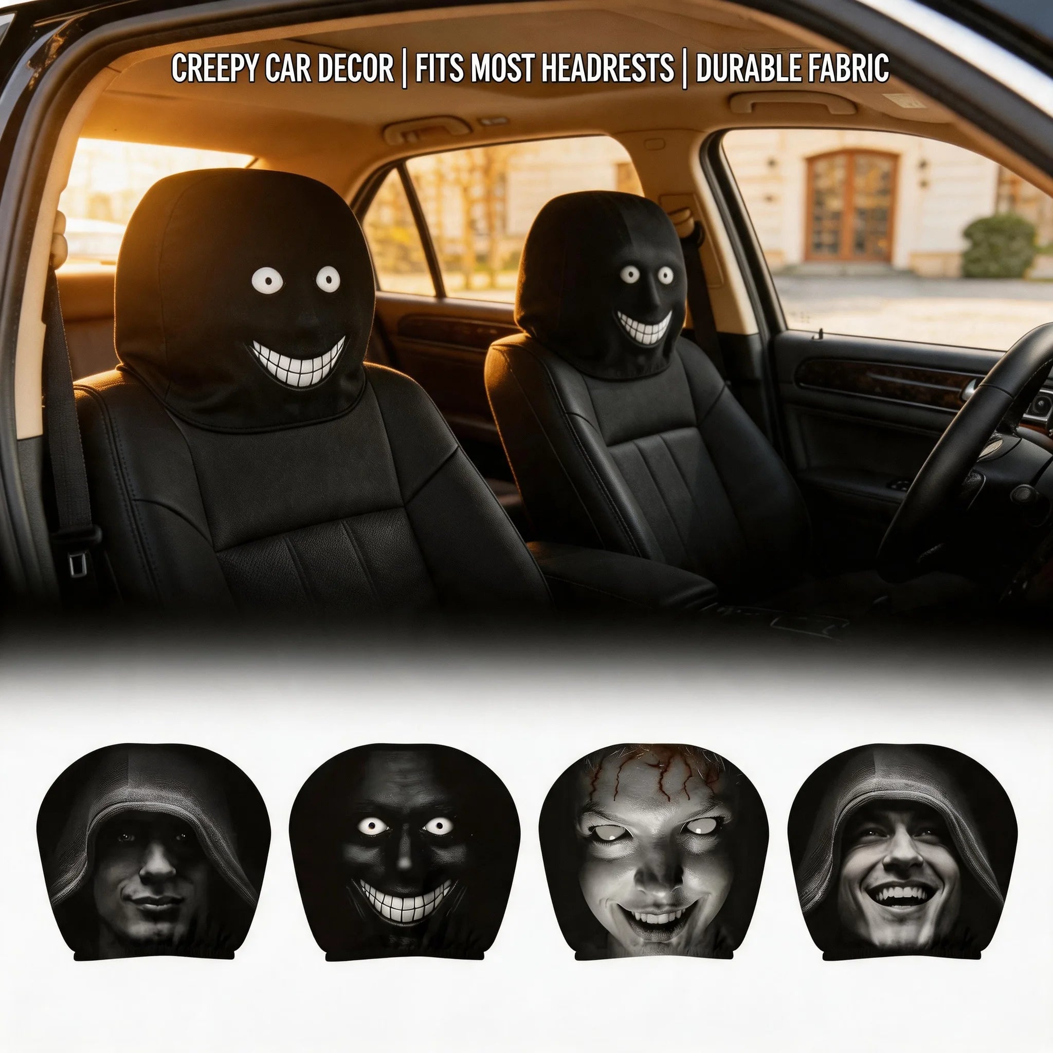 Easy Install Universal Fit 2Pcs Halloween Horror Face Car Headrest Covers Soft Polyester Washable Dustproof Protective Sleeve Oasis Select