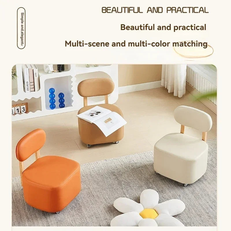Small stool, household low stool, universal wheel, solid wood small chair, pulley, movable sliding chair, wooden backrest, squar Oasis Select