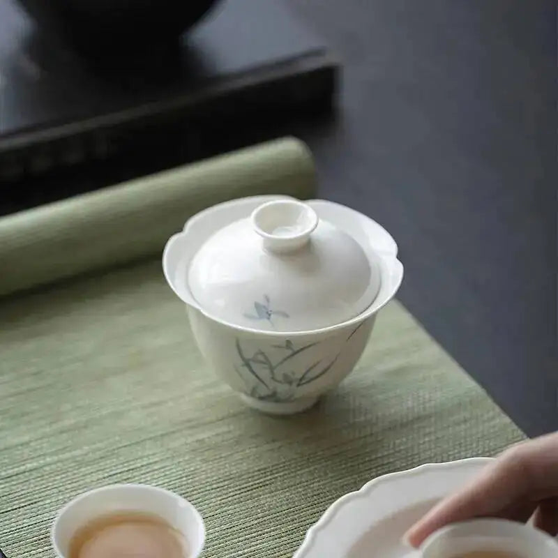 High Foot Flower Mouth Gaiwan Kung Fu Ceramic Hand-painted Blue And White Orchid Tea Bowl Household Oasis Select