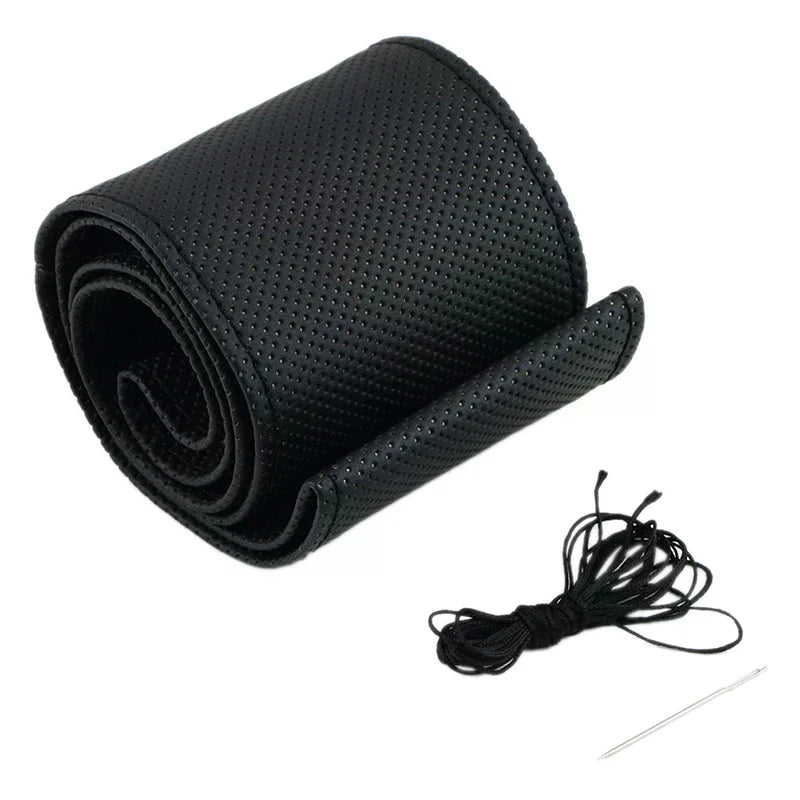 New Car Truck Leather Steering Wheel Cover With Needles and Thread Black DIY Oasis Select