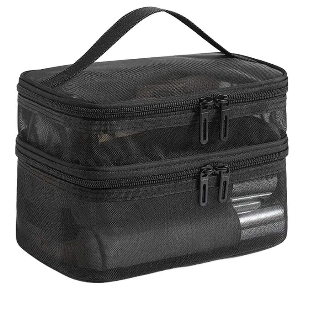 Handheld Mesh Storage Bag Large Capacity Double-Layer Portable Toiletry Bag Travel Cosmetic Organizer Bag Oasis Select black