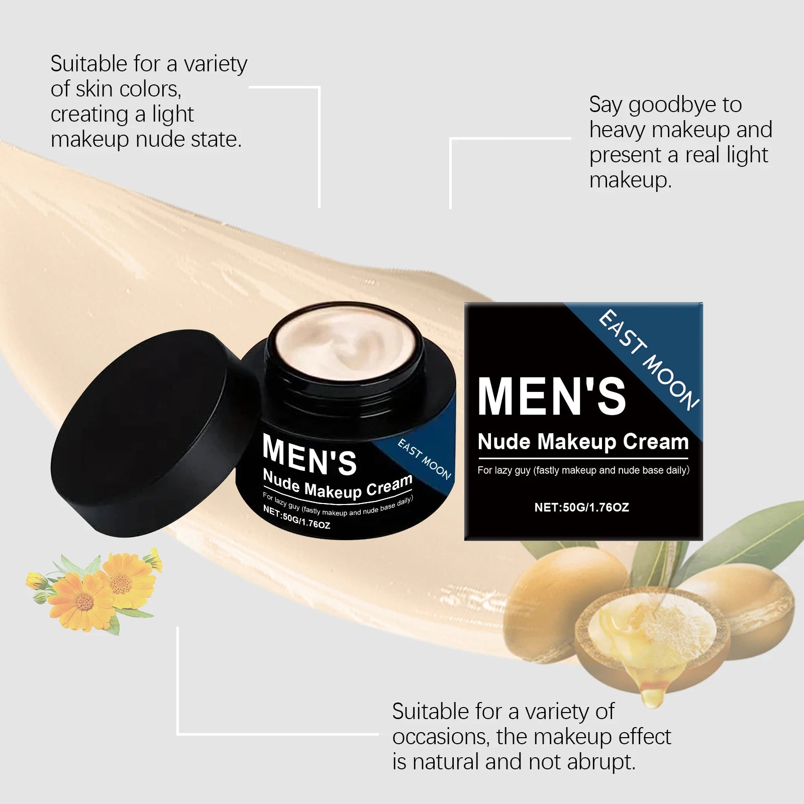 Men's BB Cream Natural Nude Tone Hydrating Cover Blemishes Sweatproof Long Lasting Oil-Free Matte Finish Nude Makeup Cream Oasis Select