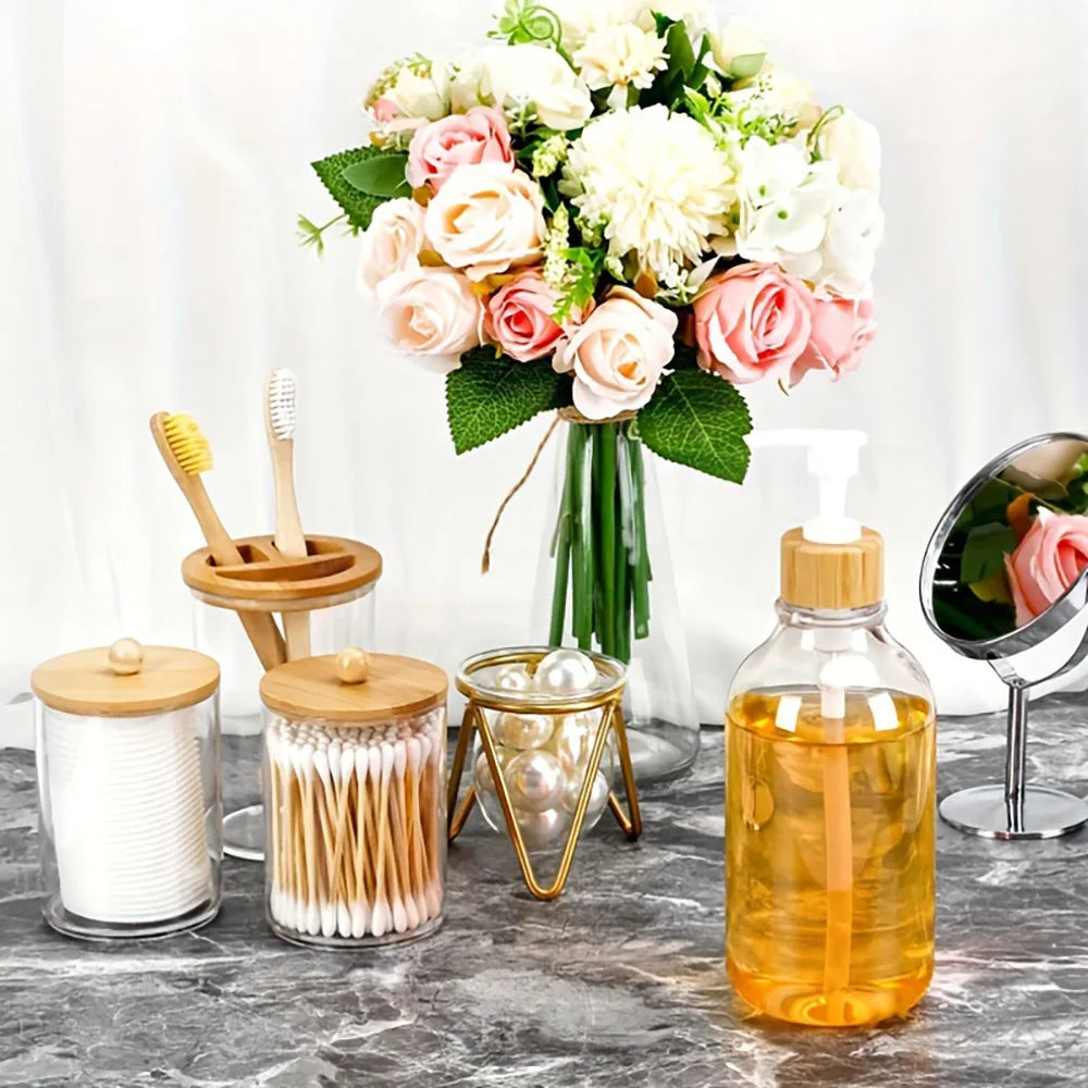 4pcs Bamboo Bathroom Accessories Set - Rustic Boho Decor, Soap Dispenser, Toothbrush Holder, 2 Cotton Swab Holder Jars Oasis Select