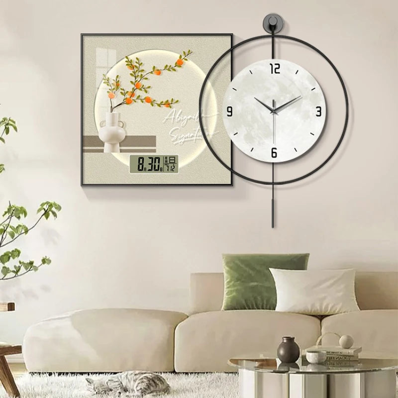 Simple Green Plant Perpetual Calendar Electronic Clock Guest Restaurant Decorative Painting Iron Combination Wall Clock Oasis Select