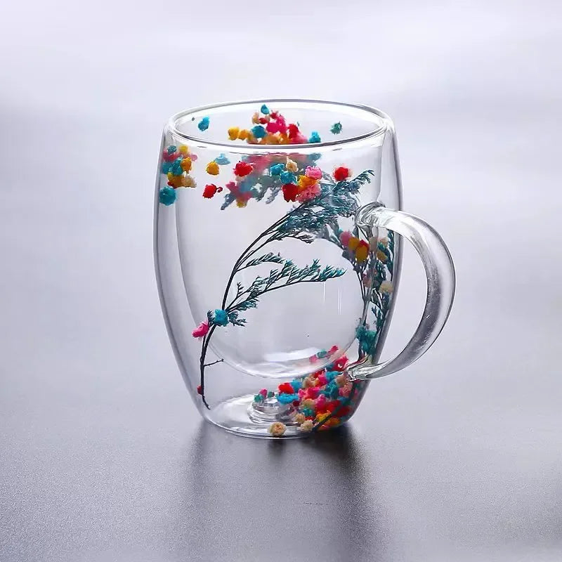 Fillings Dry Flowers Double Wall Glass Cup With Handle Heat Resistant Tea Coffee Cups Espresso Milk Mug Creative Gift Oasis Select