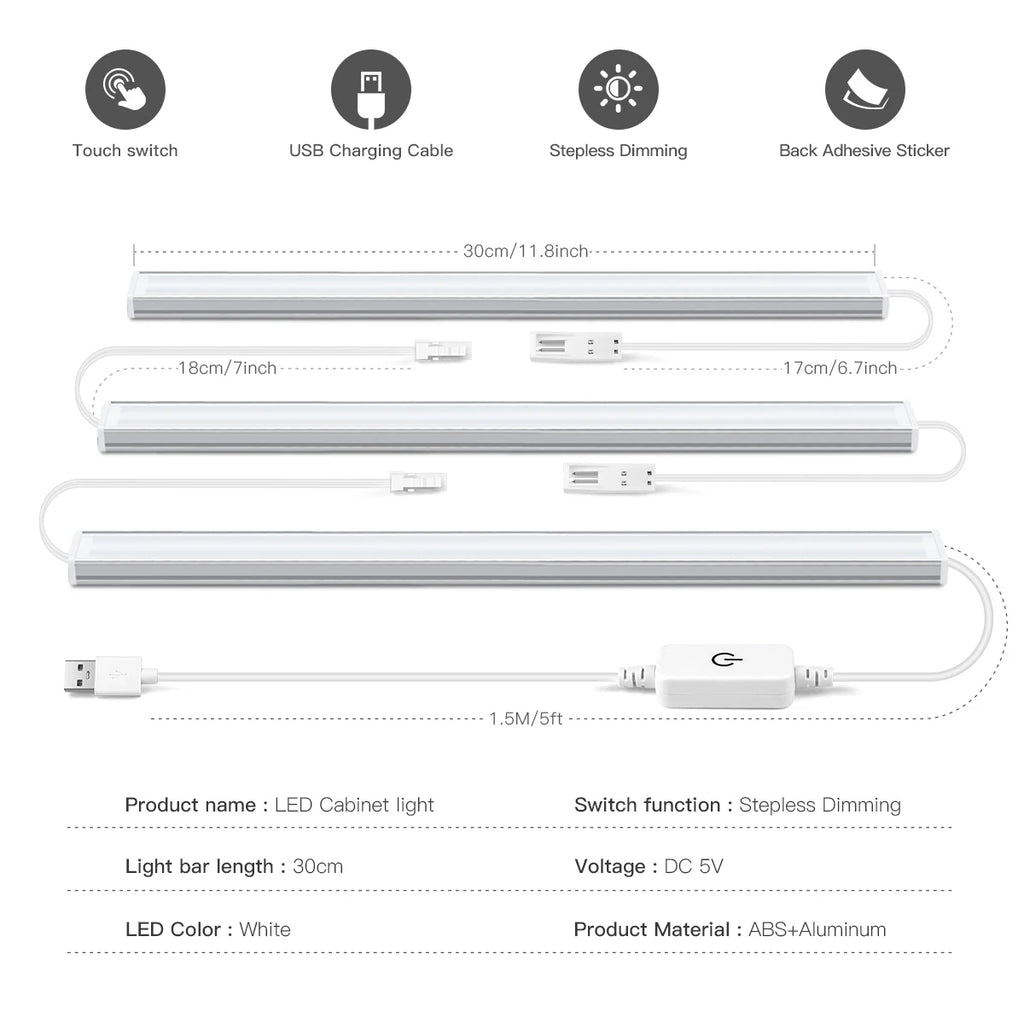 3pcs Aluminum LED Light Bar Dimmable Touch Switch USB Charging 30CM White Tube Lamp for Kitchen Wardrobe Office Shop Lighting Oasis Select