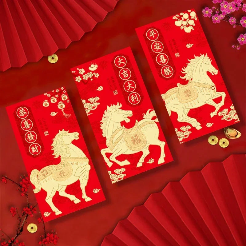 6Pcs/set Chinese New Year Money Envelope Horse Year Red Envelope Red Pocket Spring Festival Envelope Oasis Select
