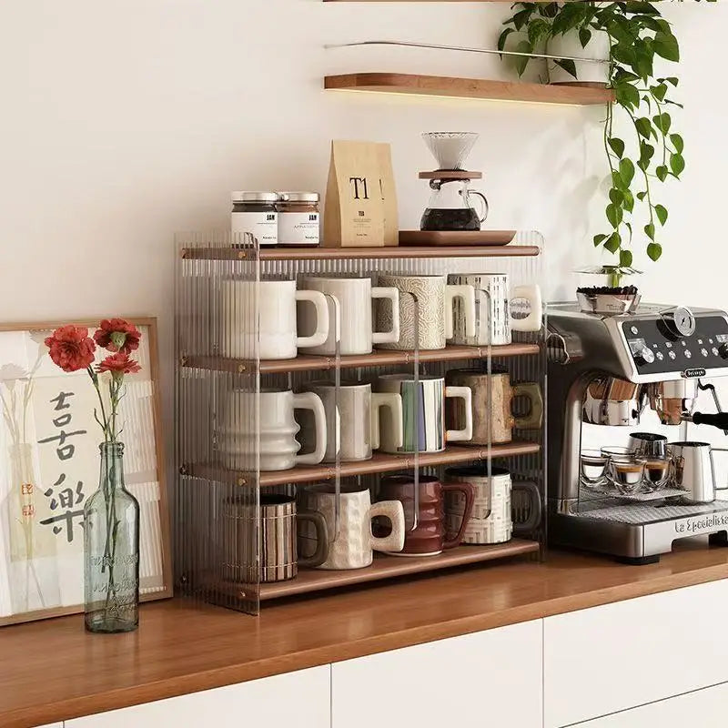 Coffee countertop cup holder, desktop rack, antique display, multi-layer acrylic solid wood water cup, kitchen storage rack Oasis Select